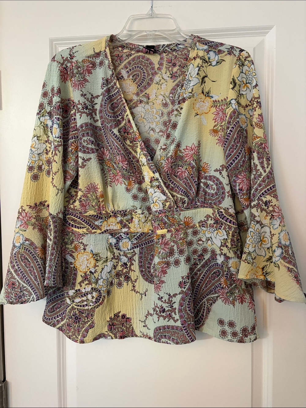 Floral Paisley Wrap Blouse in Mint and Yellow
